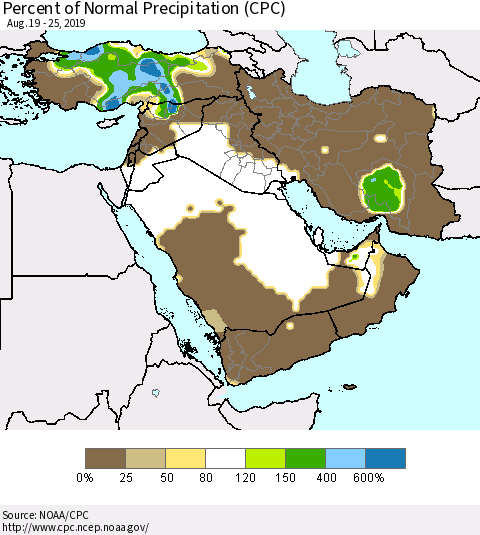 Middle East and Turkey Percent of Normal Precipitation (CPC) Thematic Map For 8/19/2019 - 8/25/2019