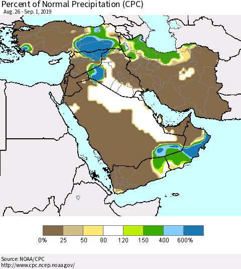 Middle East and Turkey Percent of Normal Precipitation (CPC) Thematic Map For 8/26/2019 - 9/1/2019
