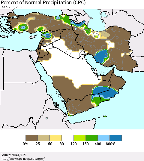 Middle East and Turkey Percent of Normal Precipitation (CPC) Thematic Map For 9/2/2019 - 9/8/2019
