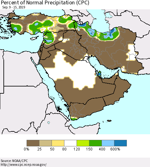 Middle East and Turkey Percent of Normal Precipitation (CPC) Thematic Map For 9/9/2019 - 9/15/2019