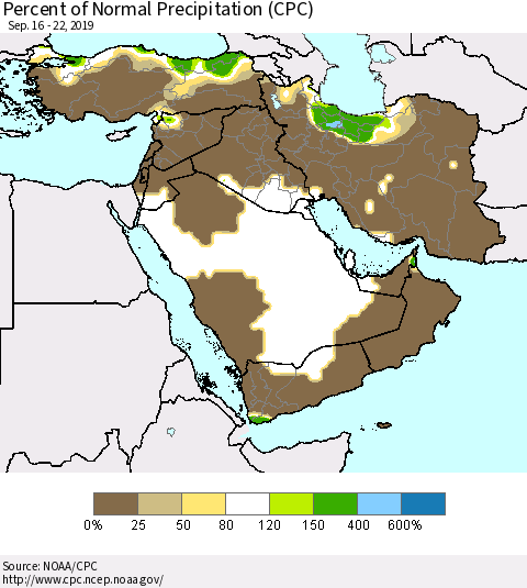 Middle East and Turkey Percent of Normal Precipitation (CPC) Thematic Map For 9/16/2019 - 9/22/2019