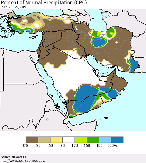 Middle East and Turkey Percent of Normal Precipitation (CPC) Thematic Map For 9/23/2019 - 9/29/2019