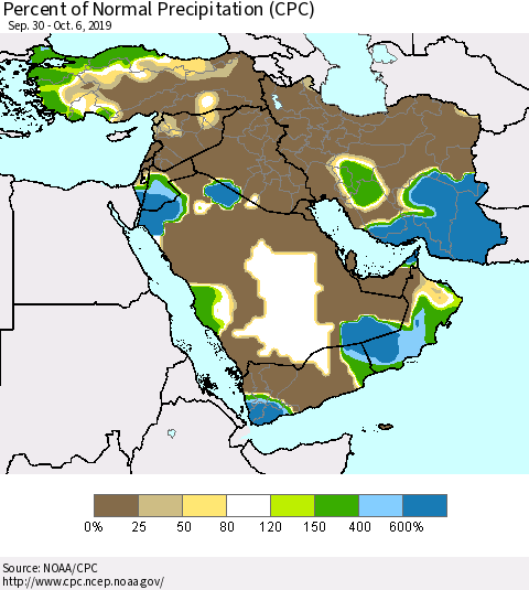 Middle East and Turkey Percent of Normal Precipitation (CPC) Thematic Map For 9/30/2019 - 10/6/2019