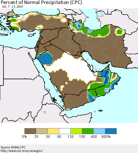 Middle East and Turkey Percent of Normal Precipitation (CPC) Thematic Map For 10/7/2019 - 10/13/2019