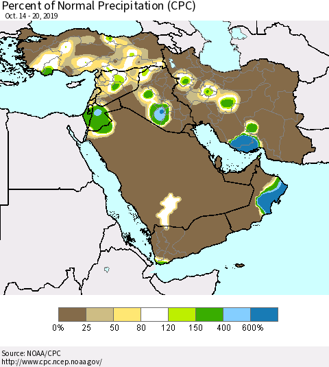 Middle East and Turkey Percent of Normal Precipitation (CPC) Thematic Map For 10/14/2019 - 10/20/2019
