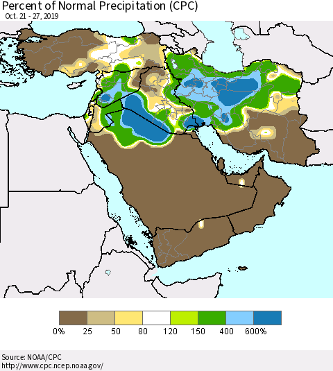 Middle East and Turkey Percent of Normal Precipitation (CPC) Thematic Map For 10/21/2019 - 10/27/2019
