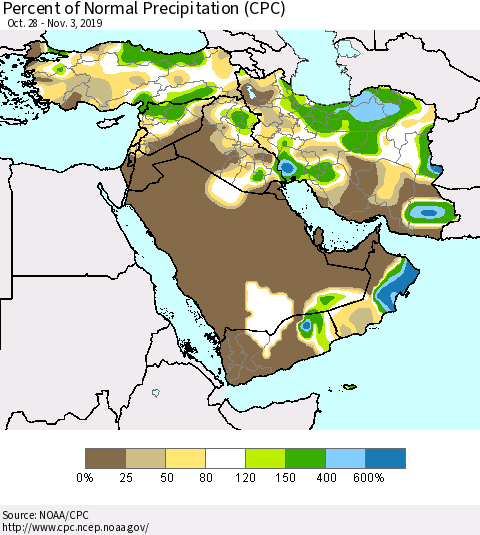 Middle East and Turkey Percent of Normal Precipitation (CPC) Thematic Map For 10/28/2019 - 11/3/2019