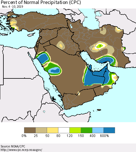 Middle East and Turkey Percent of Normal Precipitation (CPC) Thematic Map For 11/4/2019 - 11/10/2019
