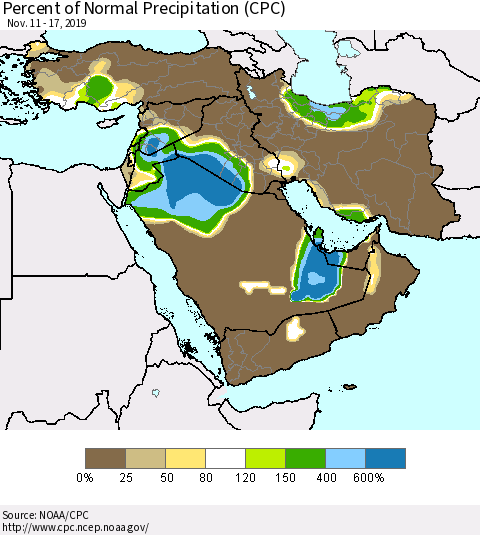 Middle East and Turkey Percent of Normal Precipitation (CPC) Thematic Map For 11/11/2019 - 11/17/2019