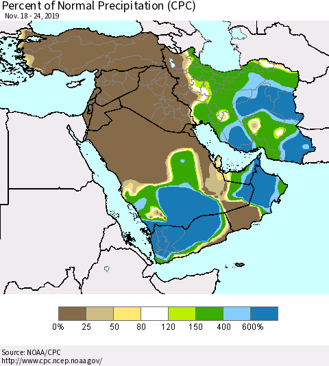 Middle East and Turkey Percent of Normal Precipitation (CPC) Thematic Map For 11/18/2019 - 11/24/2019