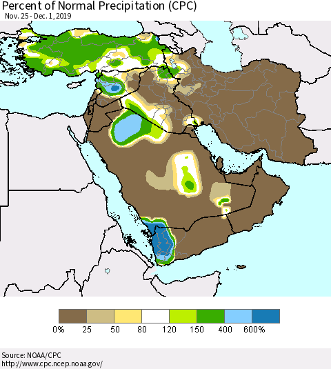 Middle East and Turkey Percent of Normal Precipitation (CPC) Thematic Map For 11/25/2019 - 12/1/2019