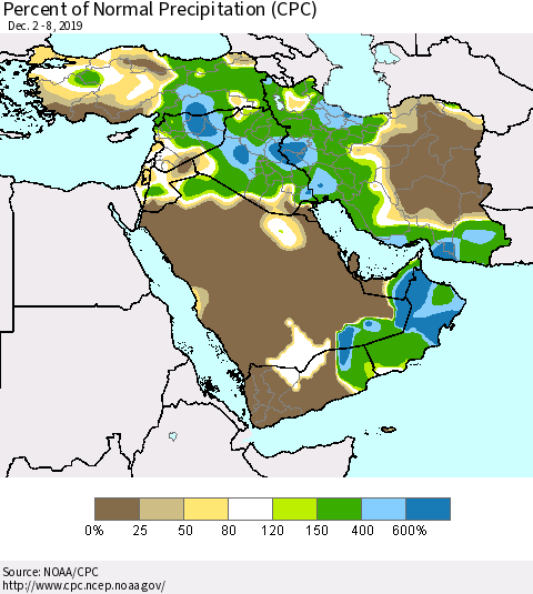 Middle East and Turkey Percent of Normal Precipitation (CPC) Thematic Map For 12/2/2019 - 12/8/2019
