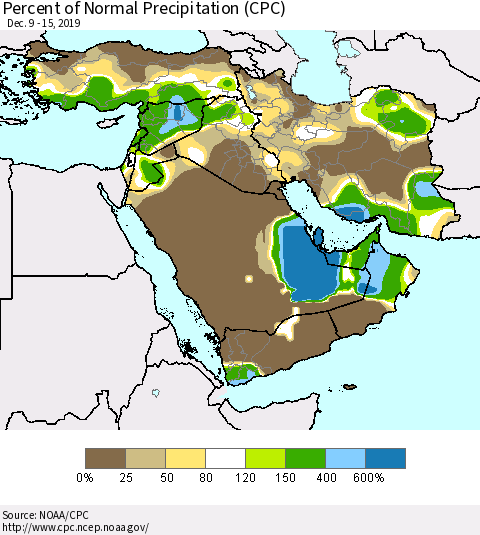 Middle East and Turkey Percent of Normal Precipitation (CPC) Thematic Map For 12/9/2019 - 12/15/2019