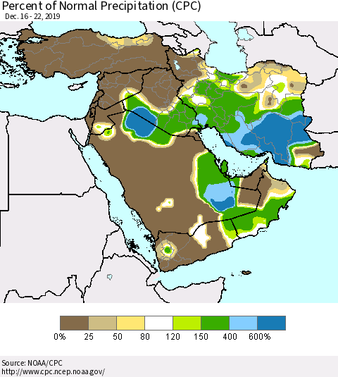 Middle East and Turkey Percent of Normal Precipitation (CPC) Thematic Map For 12/16/2019 - 12/22/2019