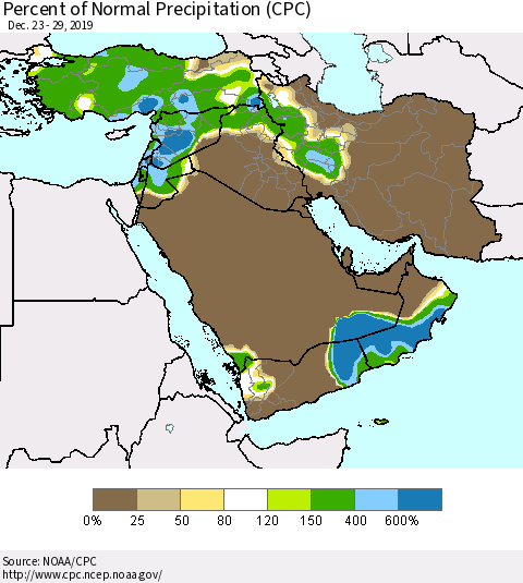 Middle East and Turkey Percent of Normal Precipitation (CPC) Thematic Map For 12/23/2019 - 12/29/2019