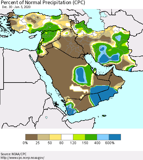 Middle East and Turkey Percent of Normal Precipitation (CPC) Thematic Map For 12/30/2019 - 1/5/2020