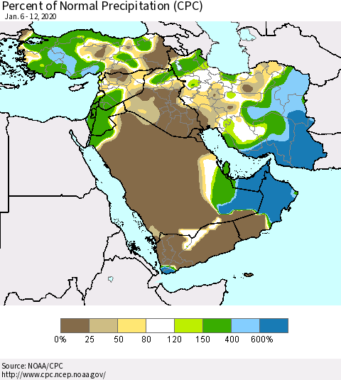 Middle East and Turkey Percent of Normal Precipitation (CPC) Thematic Map For 1/6/2020 - 1/12/2020