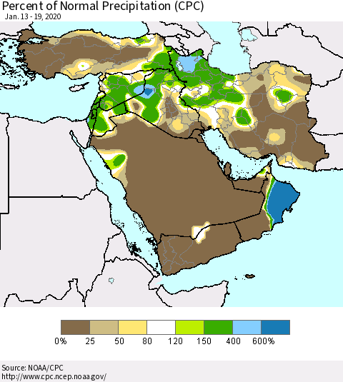 Middle East and Turkey Percent of Normal Precipitation (CPC) Thematic Map For 1/13/2020 - 1/19/2020