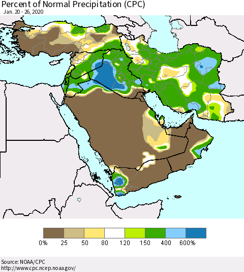 Middle East and Turkey Percent of Normal Precipitation (CPC) Thematic Map For 1/20/2020 - 1/26/2020