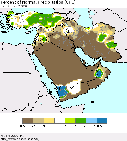 Middle East and Turkey Percent of Normal Precipitation (CPC) Thematic Map For 1/27/2020 - 2/2/2020