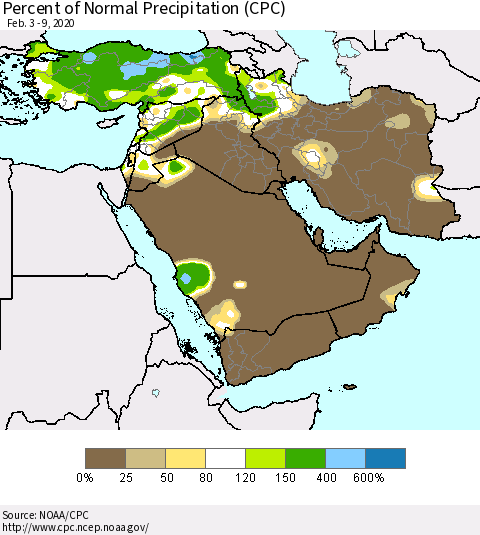 Middle East and Turkey Percent of Normal Precipitation (CPC) Thematic Map For 2/3/2020 - 2/9/2020