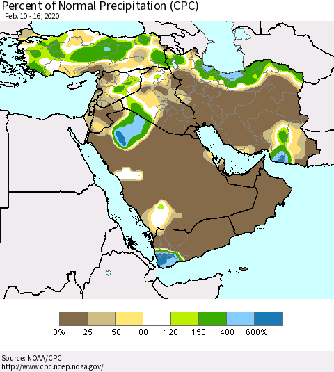 Middle East and Turkey Percent of Normal Precipitation (CPC) Thematic Map For 2/10/2020 - 2/16/2020