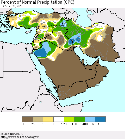 Middle East and Turkey Percent of Normal Precipitation (CPC) Thematic Map For 2/17/2020 - 2/23/2020
