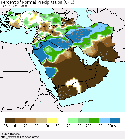 Middle East and Turkey Percent of Normal Precipitation (CPC) Thematic Map For 2/24/2020 - 3/1/2020