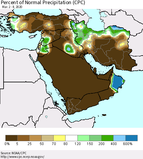 Middle East and Turkey Percent of Normal Precipitation (CPC) Thematic Map For 3/2/2020 - 3/8/2020