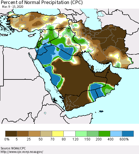 Middle East and Turkey Percent of Normal Precipitation (CPC) Thematic Map For 3/9/2020 - 3/15/2020