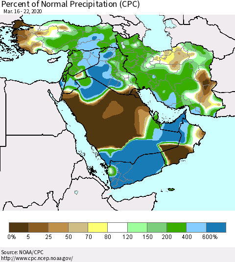 Middle East and Turkey Percent of Normal Precipitation (CPC) Thematic Map For 3/16/2020 - 3/22/2020