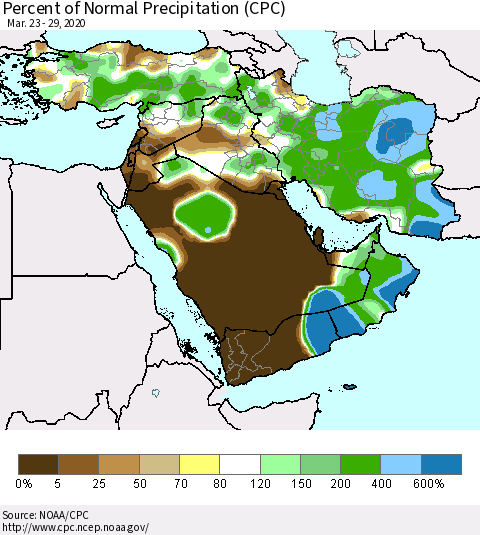 Middle East and Turkey Percent of Normal Precipitation (CPC) Thematic Map For 3/23/2020 - 3/29/2020