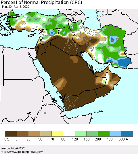 Middle East and Turkey Percent of Normal Precipitation (CPC) Thematic Map For 3/30/2020 - 4/5/2020