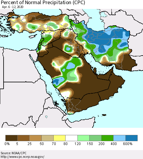 Middle East and Turkey Percent of Normal Precipitation (CPC) Thematic Map For 4/6/2020 - 4/12/2020
