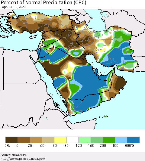 Middle East and Turkey Percent of Normal Precipitation (CPC) Thematic Map For 4/13/2020 - 4/19/2020