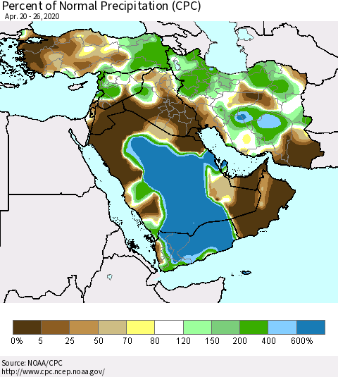 Middle East and Turkey Percent of Normal Precipitation (CPC) Thematic Map For 4/20/2020 - 4/26/2020