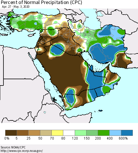 Middle East and Turkey Percent of Normal Precipitation (CPC) Thematic Map For 4/27/2020 - 5/3/2020