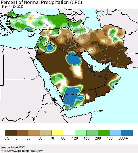 Middle East and Turkey Percent of Normal Precipitation (CPC) Thematic Map For 5/4/2020 - 5/10/2020