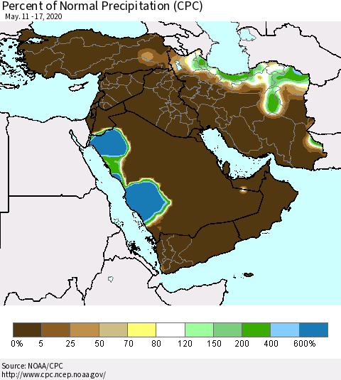 Middle East and Turkey Percent of Normal Precipitation (CPC) Thematic Map For 5/11/2020 - 5/17/2020