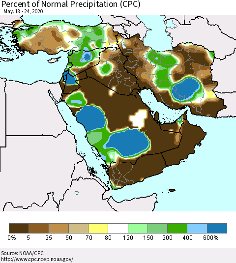 Middle East and Turkey Percent of Normal Precipitation (CPC) Thematic Map For 5/18/2020 - 5/24/2020