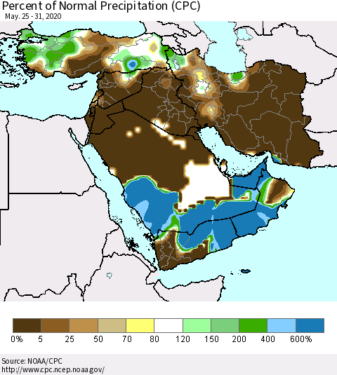 Middle East and Turkey Percent of Normal Precipitation (CPC) Thematic Map For 5/25/2020 - 5/31/2020