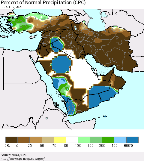 Middle East and Turkey Percent of Normal Precipitation (CPC) Thematic Map For 6/1/2020 - 6/7/2020