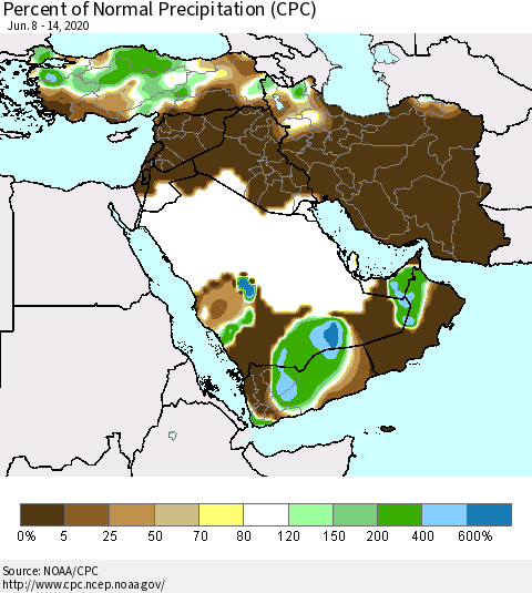 Middle East and Turkey Percent of Normal Precipitation (CPC) Thematic Map For 6/8/2020 - 6/14/2020