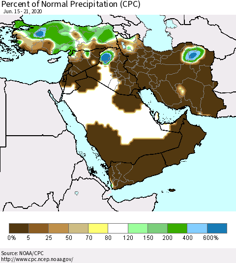 Middle East and Turkey Percent of Normal Precipitation (CPC) Thematic Map For 6/15/2020 - 6/21/2020