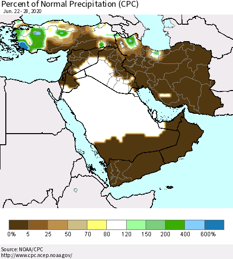 Middle East and Turkey Percent of Normal Precipitation (CPC) Thematic Map For 6/22/2020 - 6/28/2020