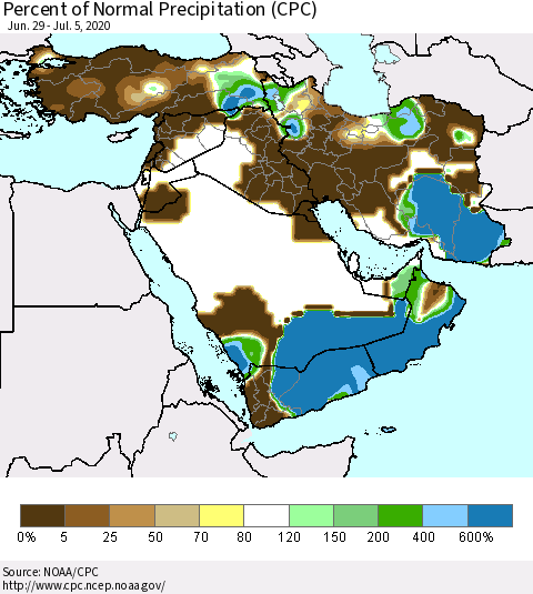 Middle East and Turkey Percent of Normal Precipitation (CPC) Thematic Map For 6/29/2020 - 7/5/2020