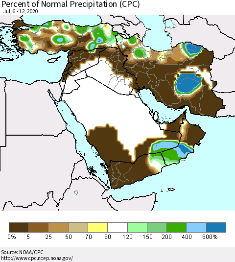 Middle East and Turkey Percent of Normal Precipitation (CPC) Thematic Map For 7/6/2020 - 7/12/2020