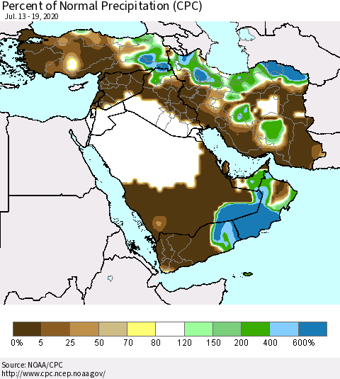 Middle East and Turkey Percent of Normal Precipitation (CPC) Thematic Map For 7/13/2020 - 7/19/2020