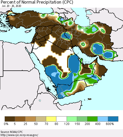 Middle East and Turkey Percent of Normal Precipitation (CPC) Thematic Map For 7/20/2020 - 7/26/2020
