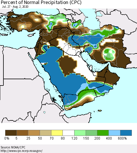 Middle East and Turkey Percent of Normal Precipitation (CPC) Thematic Map For 7/27/2020 - 8/2/2020